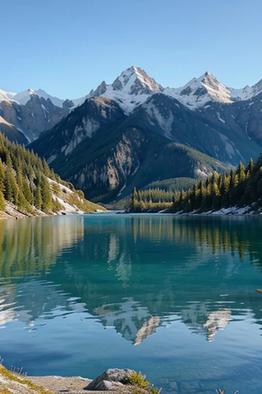 Un magnifique paysage de montagne avec un lac turquoise au lever du soleil.