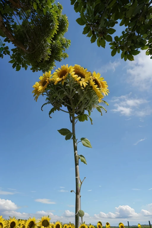 Un champ de tournesols ondulant au vent sous un ciel bleu profond