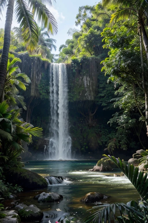 Une forêt tropicale dense avec des cascades et des oiseaux exotiques.