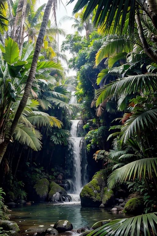 Une forêt tropicale dense avec des cascades et des oiseaux exotiques.