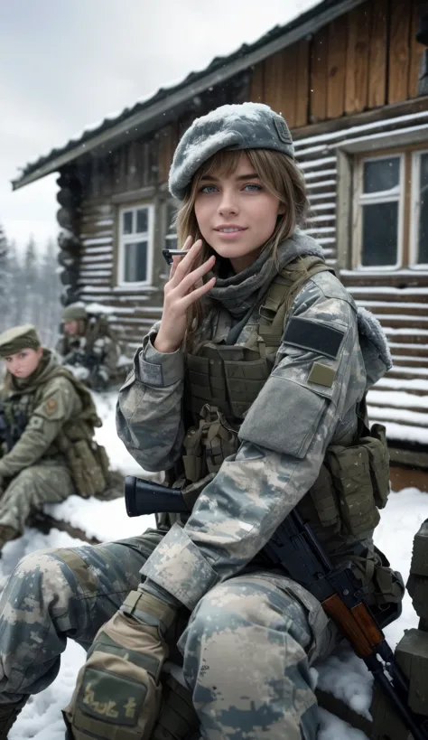 Masterpiece, a 32 years old Russian female Spetsnaz in winter camouflage uniform holding a AK74 in front of a group of soldiers,...