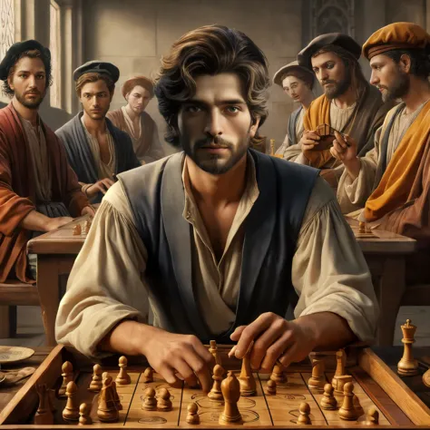 arafed image of a man playing chess with other men, board game cover art, chess game, caravaggio and artgerm, strategy game, !!p...