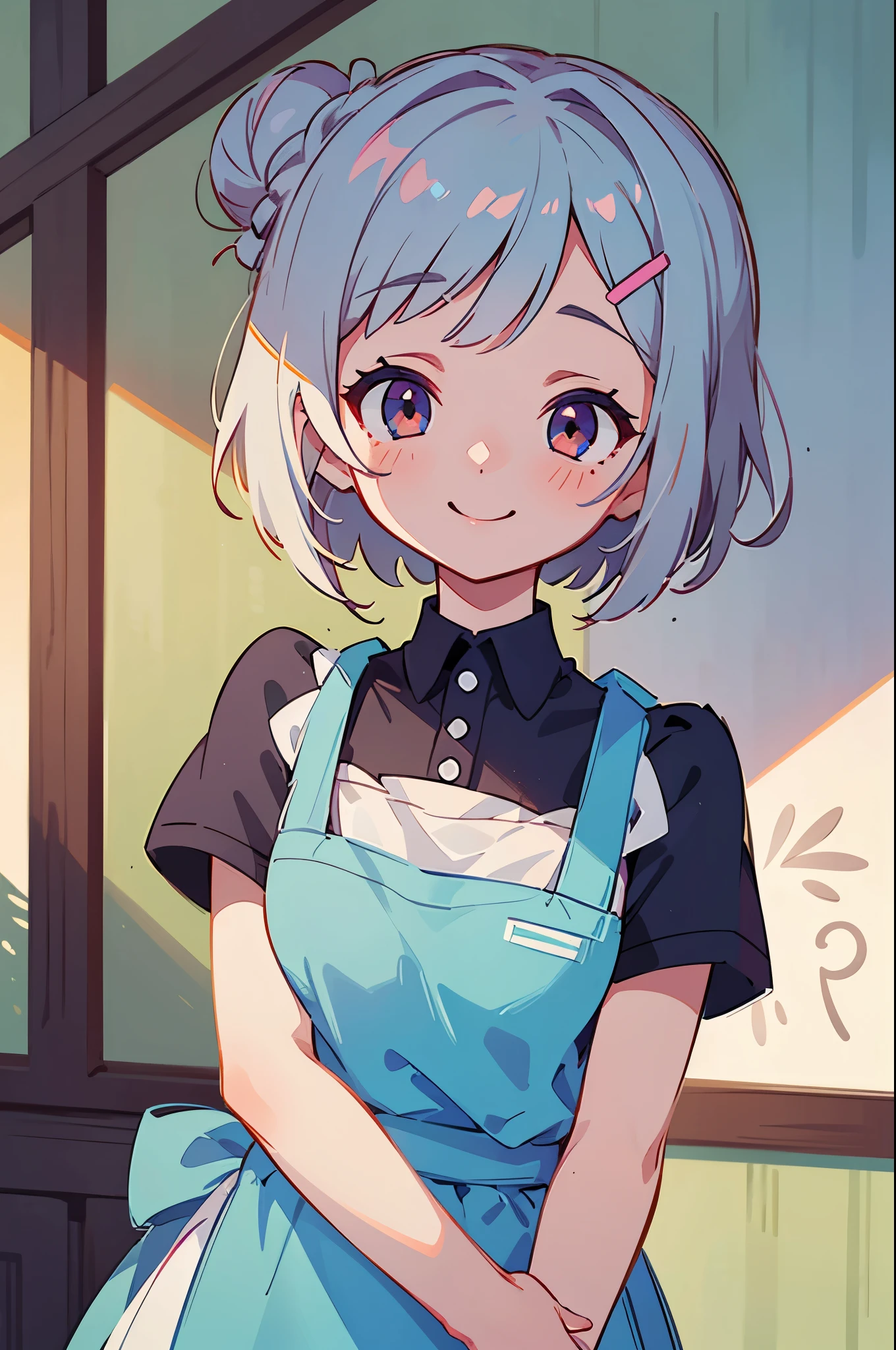 1 girl、anime painting、Short hairstyles for silver hair and bob、Hair tied up in a bun with a hair clip、Shining pink round eyes、evil smile、white blouse、blue skirt、Apron appearance、indoor、morning、Cafe、upper body close-up、sharp outline