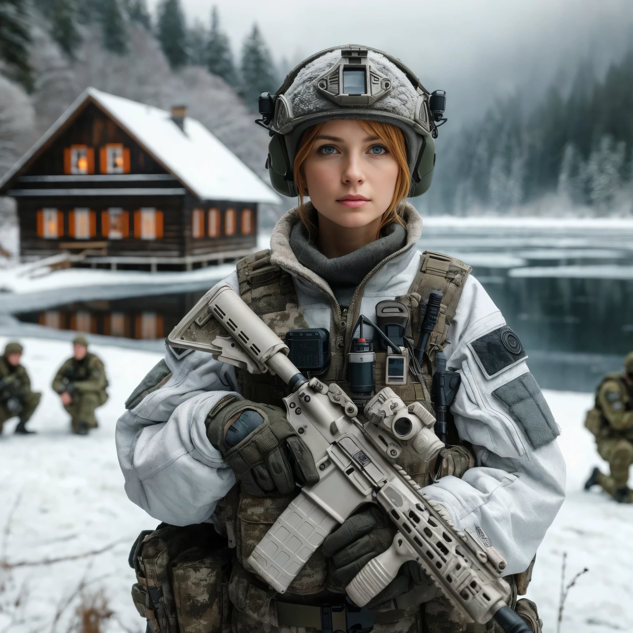 Masterpiece, a 32 years old Cnadian female Spec Ops officer in winter camouflage uniform holding a HK416 with a 4X scope and a helmet with coms. in front of a group of soldiers, beautiful thin face, ginger short hair, green eyes, pale skin, freckles,  a battle hardened woman in a military uniform holding a rifle, beautiful female soldier, infantry girl, mechanized soldier girl, soldier girl, dressed in tactical armor, realistic soldiers, military girl, of a sniper girl in war, closeup portrait shot, perfect military composure, portrait of soldier girl, olya bossak, heavily armed, military photography, ready for combat, 16K, ultra high res.photorealistic, UHD, RAW