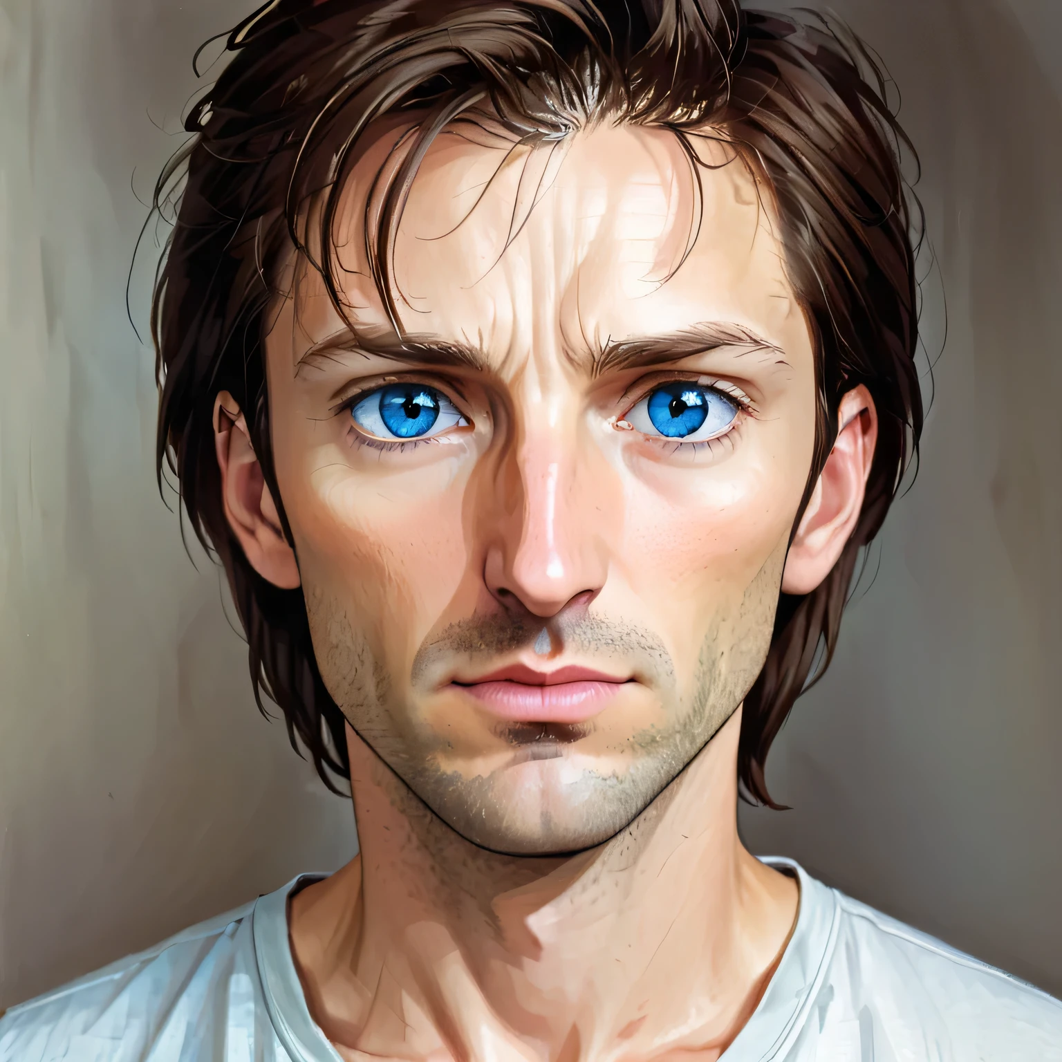 portrait of a man, with brown hair, blue eyes, a thin and somewhat long nose, a fine face, an intense gaze, 3 