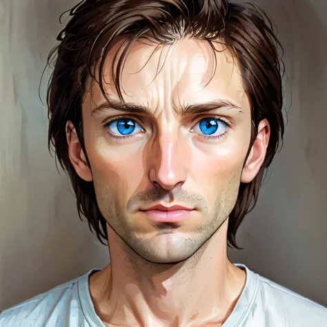 portrait of a man, with brown hair, blue eyes, a thin and somewhat long nose, a fine face, an intense gaze, 39 years old 
