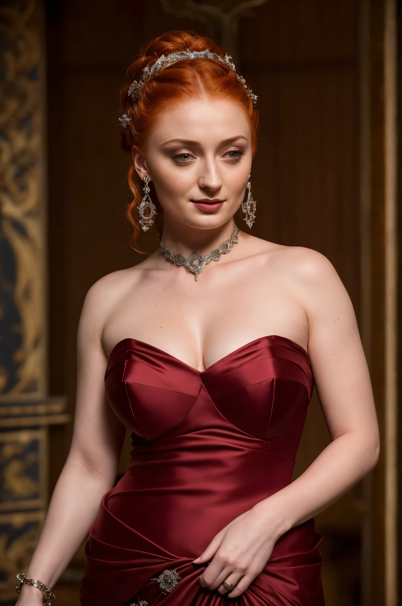 Gesicht von Sophie Turner, Sansa Stark gespielt von Sophie Turner, die De-facto-Herrin des Horstes, ist eine 40-jährige reife Königin mit einem atemberaubenden, verführerisches Aussehen. Volles Gesicht, durchbohrte Augen, rötliche Lippen, Oberkörperaufnahme, erotische Mittelalter Kostüme, Game of Thrones Kostüme, Sie trägt ein von Game of Thrones inspiriertes Kostüm und hat ein tiefes Dekolleté, ein perfekter dicker Körper, und eine perfekte dicke Figur. Das Foto zeigt sie in Nahaufnahme, mit ihrer Hautstruktur und Gesichtszügen, die ultra-realistisch und realistisch sind.