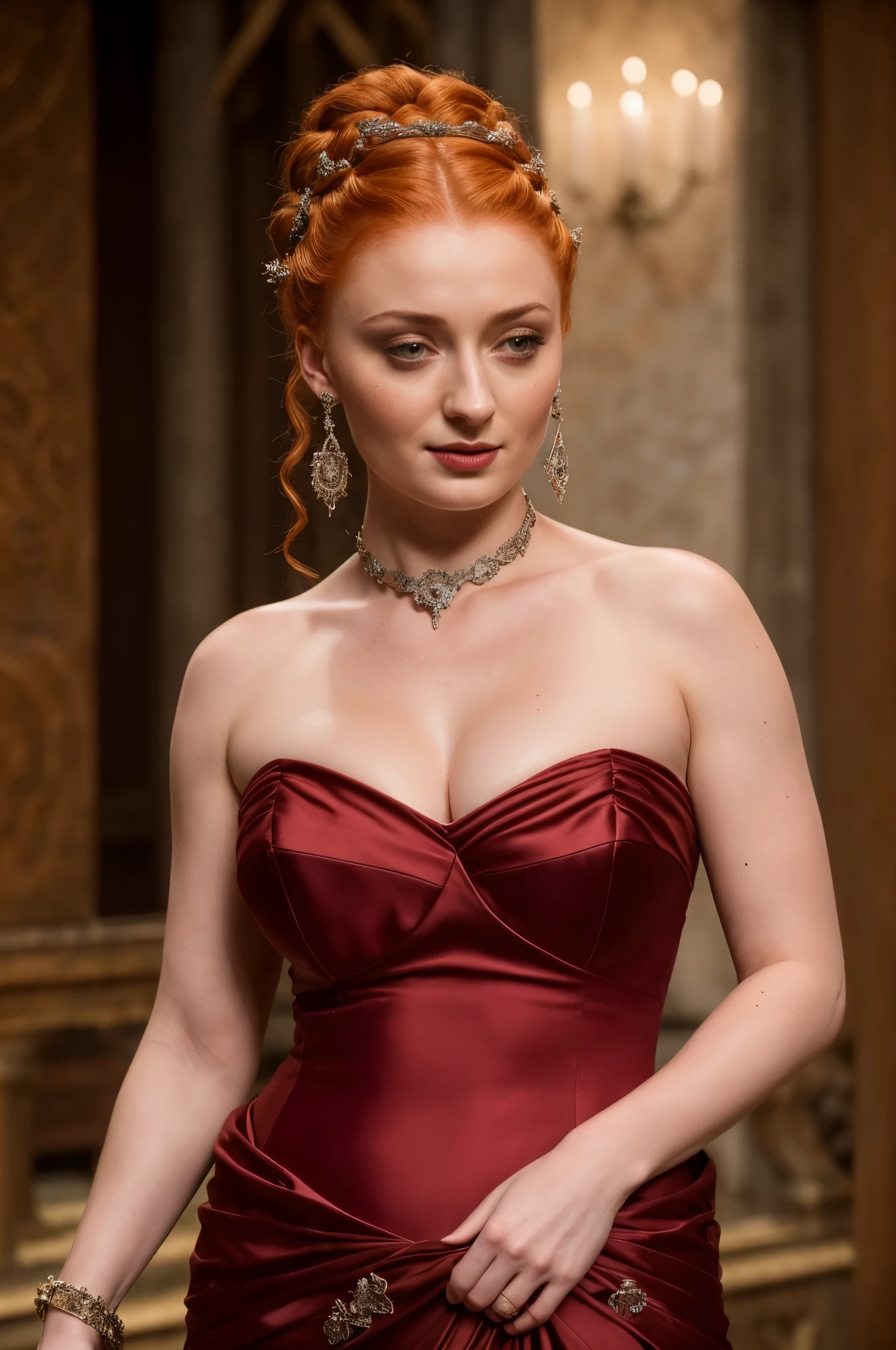 Cara de Sophie Turner, Sansa Stark interpretada por Sophie Turner, la Dama de facto del Nido de Águilas, es una reina madura de 40 años con una espectacular, apariencia seductora. cara completa, ojos perforados, labios rojizos, tiro en la parte superior del cuerpo, trajes eróticos medievales, disfraces de juego de tronos, Lleva un disfraz inspirado en Juego de Tronos y tiene un escote profundo., un cuerpo grueso perfecto, y una figura gruesa perfecta. La fotografía la capta en un primer plano., con la textura de su piel y sus rasgos faciales ultrarrealistas y realistas..