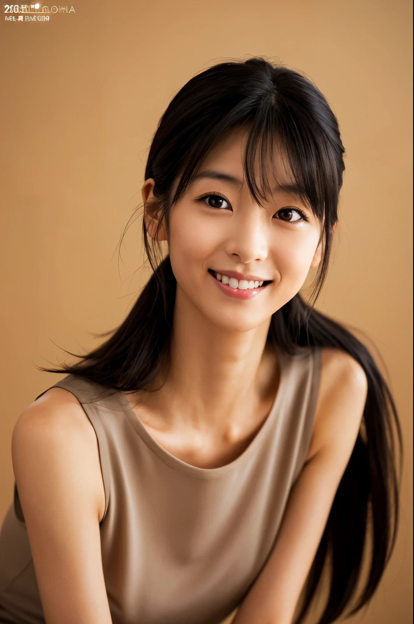 Portrait, in 8K, high quality, Realistic photo images, 30 years old, Skinny Japanese lady, Neat and clean girls, very thin waist, ((Sexy and cute wife)), Reproduce natural and realistic eyes, Beautiful black hair, light make-up, beautiful lighting, Composition of the golden ratio, tight clothes, Sober clothes, Beige, Natural background, blurred background, Pure Japanese human features, Upper body, Slight smile