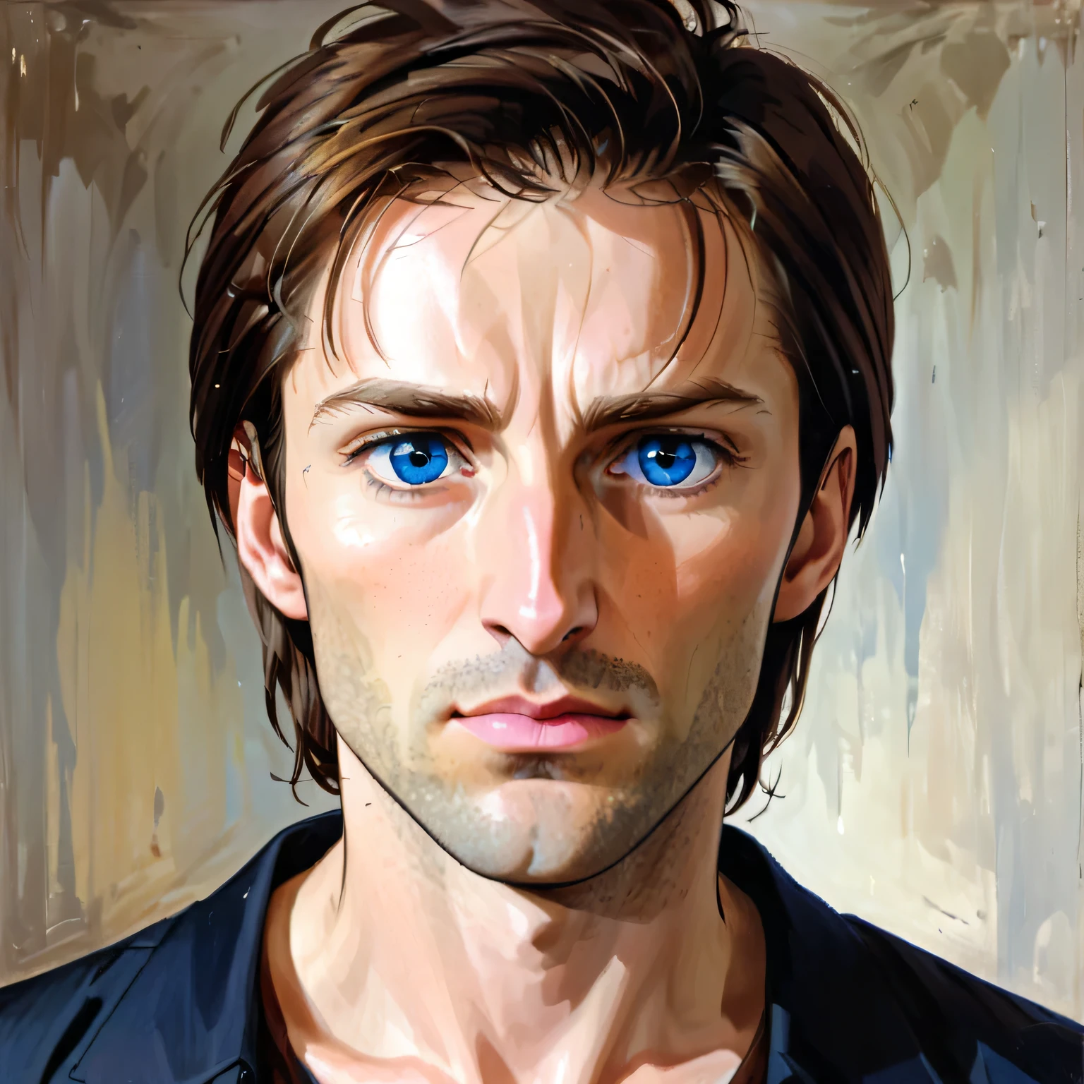 portrait of a man, with brown hair, blue eyes, a thin and somewhat long nose, a fine face, an intense gaze, 3 , agressif 