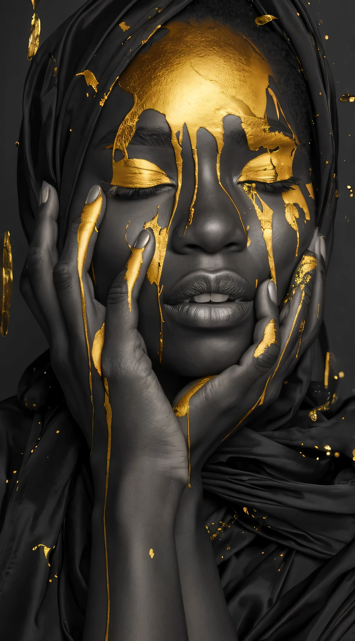 (meilleure qualité, chef-d&#39;œuvre:1.2), photographie de mode, noir et or, Femme afro-américaine avec de la peinture dorée dégoulinant sur son visage, Lèvres pleines, photographie du corps entier