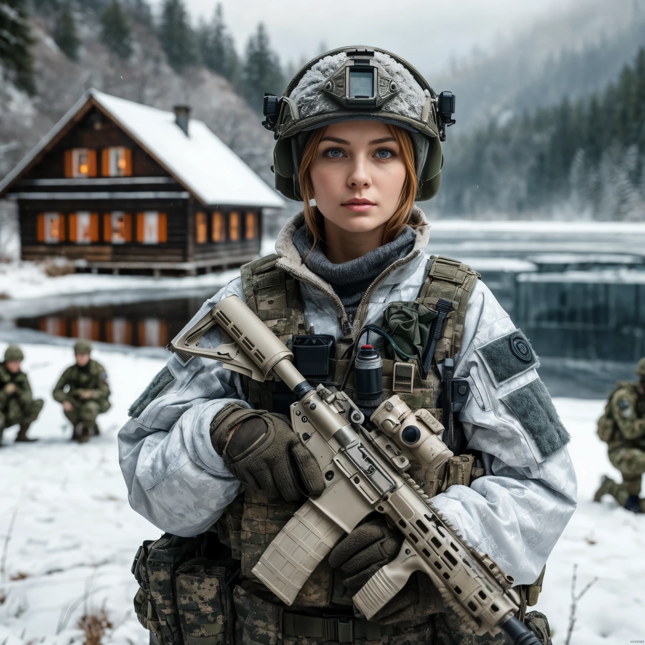 Masterpiece, a 32 years old Canadian female Spec Ops officer in winter camouflage uniform holding a HK416 with a 4X scope and wearing a helmet with coms. standing in front of a group of soldiers, beautiful thin face, ginger short hair, green eyes, very pale skin, freckles on face, a battle hardened woman in a military uniform holding a rifle, beautiful female soldier, infantry girl, mechanized soldier girl, soldier girl, dressed in tactical armor, realistic soldiers, military girl, of a sniper girl in war, closeup portrait shot, perfect military composure, portrait of soldier girl, olya bossak, heavily armed, military photography, ready for combat, she has a battle hardened face, 16K, ultra high res.photorealistic, UHD, RAW