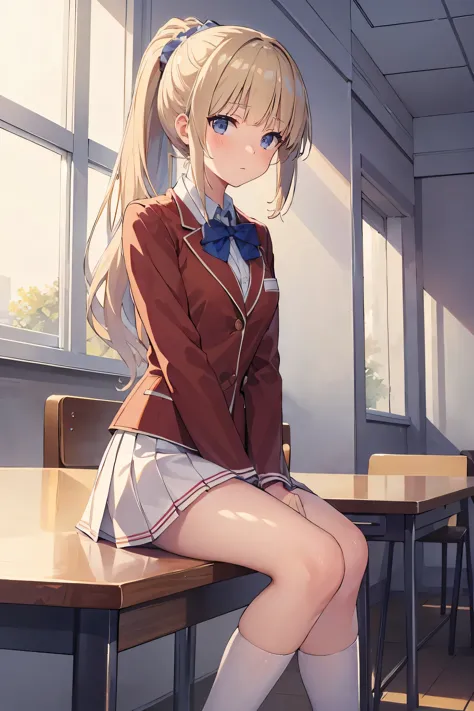 (masterpiece), (best quality), (illustration), (beautiful detailed), (highres), white skirt, brown footwear, miniskirt, pleated skirt, red jacket, looking at viewer,cafe,sitting,(school uniform), white shirt,blush,shy,indoors, window,blonde hair,ponytail
