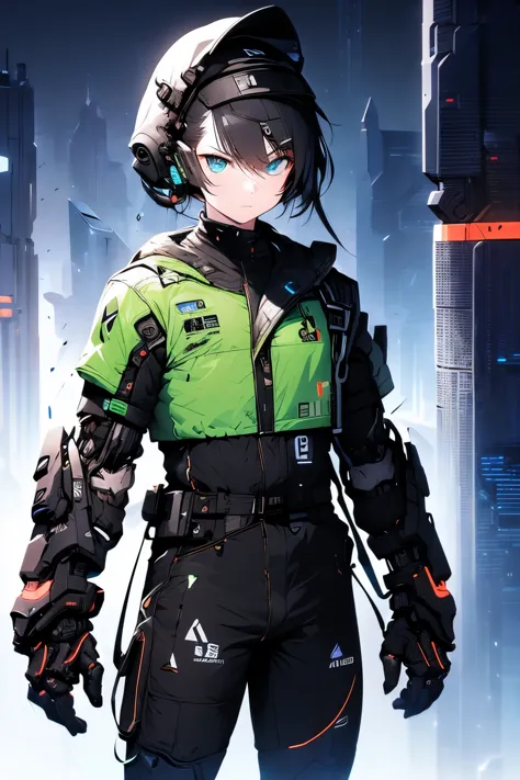 Ultra detailed,  boy serious face , young ,  Robotic Hands , fully robotic  , soldier. Cyberpunk  , leds . Hands mechanical. 