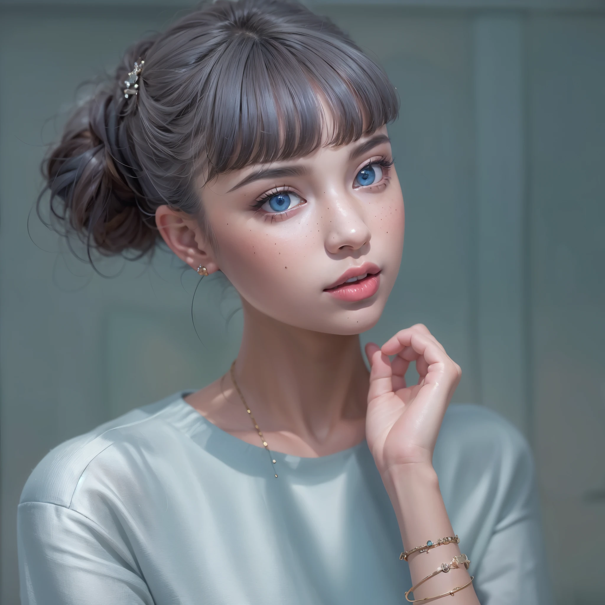 very beautiful, well-groomed girl, With clean skin, normal functions, Beautiful lips, and a slight smile on her face. beautiful figure, modern clothes, cool modern couture dress. presentation background, neutral gray-blue, in virtual space. top quality, 16 thousand.. Full HD, Cinematic rendering. Create a work of art, conveying the unique beauty of baby Michela.., Famous digital influencer. Focus on her unique facial expression, when she looks directly at the camera., trying to capture the intensity of her piercing blue eyes. Channel her signature style with a Spanish-style hairstyle., styled with two carefully crafted hairpieces.. Add details, reflecting her charming and avant-garde personality.. We took care of that, to convey an aura of modernity and originality, which characterizes Lil Miquela in the digital world. ., Some freckles and nevi, and short hair, wrapped