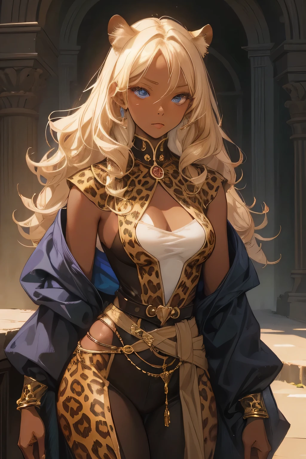 Dark Skin Woman. Leopard Woman. Blue eyes. Blond hair. Dark skin Woman. Medieval art. Curly Hair. Curly Blond Hair. Alone. DARK SKIN. Leopard Ears. Warrior Clothes.
