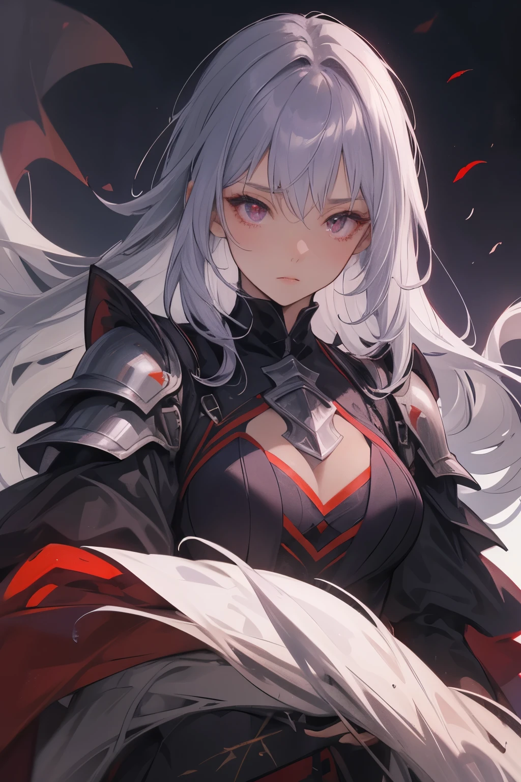 A female knight, dark purple dress with top in platinum armor, her eyes are red and are completely covered, long sword, her armor is black, her face is calm and beautiful, she has long, very light purple hair that flies in the wind . RED PUPILS, RED EYES,Black blindfold over your eyes
