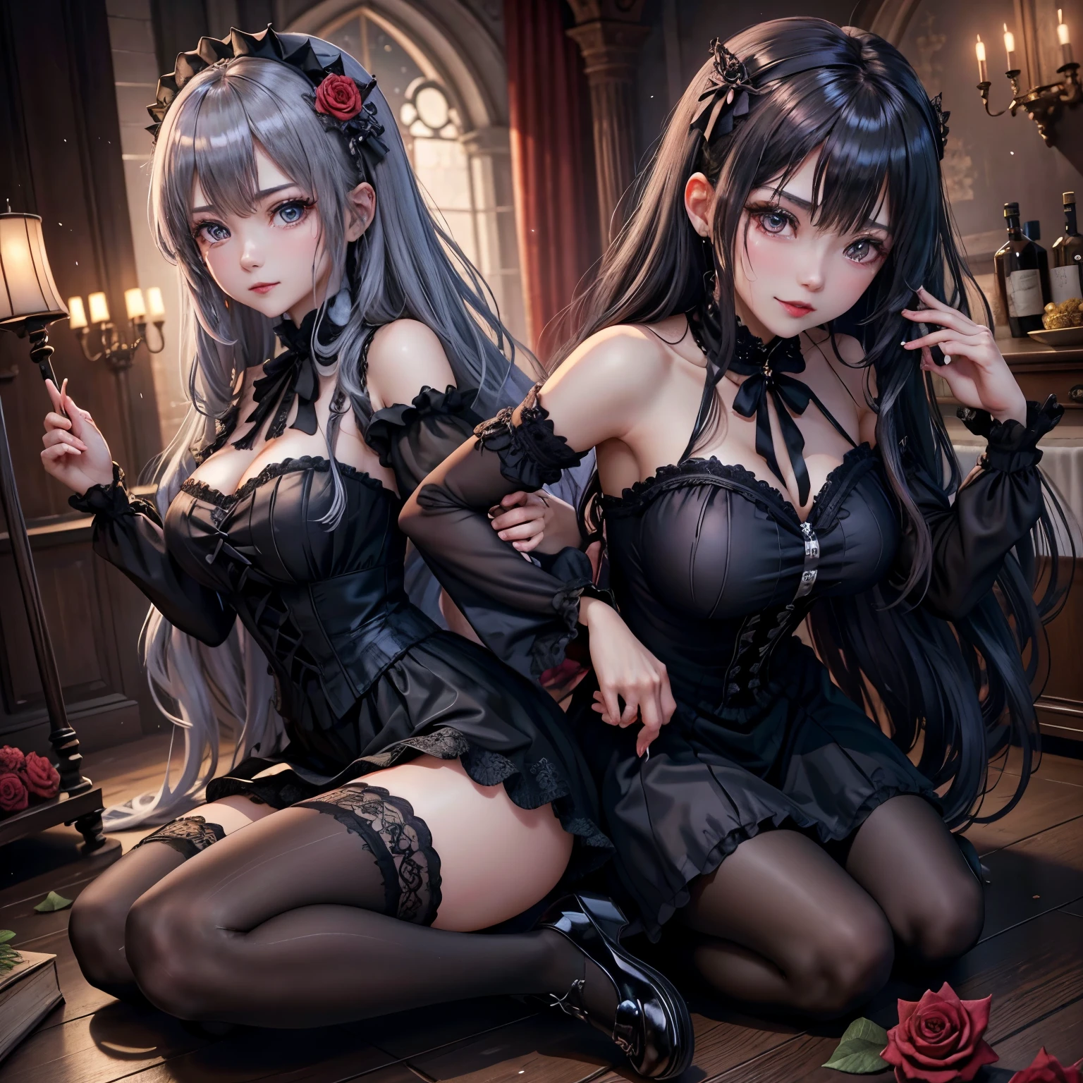 ハードdark gothicメイク、Insanity、deep night sky、horror、black dark eyeshadow、cry、grieve、Good skin glow、dark gothicメイク、dark smile、restless palace、fragrant beauty、22 years ago、lure、Expression of intense sexual pleasure、embarrassed look、dark gothic、lewd expression、debris flies、highest quality、Browse 5 books、Expression of sexual pleasure in suffering、drunk face、purple maid outfit、Mysterious、Noble、A face that is holding back the toilet、super sexy、loving smile、twin tail hair、jet black ruffle skirt、right blue eye, left eye is red、バラで覆われたゴシック様modeのベッド、Super bewitching pose、stick out your butt、platform heel shoes、dark makeup、black lipstick、Stained glass、black metal world、open your legs loosely、make the world beautiful、sit on a bed of roses、gothic lolita clothing、comb hair、A little slender、silver hair、long hair straight hair、cute gothic lolita dress、beautiful face、elegant face、bewitching face、knee high socks、Stained glassが背景、My chest is shiny from a lot of sweat、the room is dark、goth long dress、bell sleeve、wizard sleeve、decadent look、sexually excited look、part of hair、mode、ゴシックmode、Glossy thighs wet with water、Thighs wet and shiny with oil、Background of a room full of roses、sad expression、Rose Maiden、embroidery is pink、The costume has pink embroidery、thigh high socks、kneel down、Place your knees on the floor、knee high socks、Her thighs shine with a lot of sweat.、kneel down、Iの体は濡れて輝いています、Lots of glitter on the thighs、I&#39;Iはたくさん汗をかいています、A lot of sweat and stickiness on the thighs、Sweat glistens on my thighs, The whole body is sweaty and shiny、pretty sweaty、My thighs are sweaty、Iの太ももはとても濡れています、I sweat a lot and my thighs are shiny.、A large amount of sweat shines all over the body、kneel down、From right arm to crotch、、spread your legs wide、slender body、gentle expression、masturbation behavior、deep black eyeshadow、despicable act、Stained glassと薔薇背景、wearing black underwear、black panties、thighs are a little thin、duo、female couple、I have lesbian friends、Are standing、standing position、