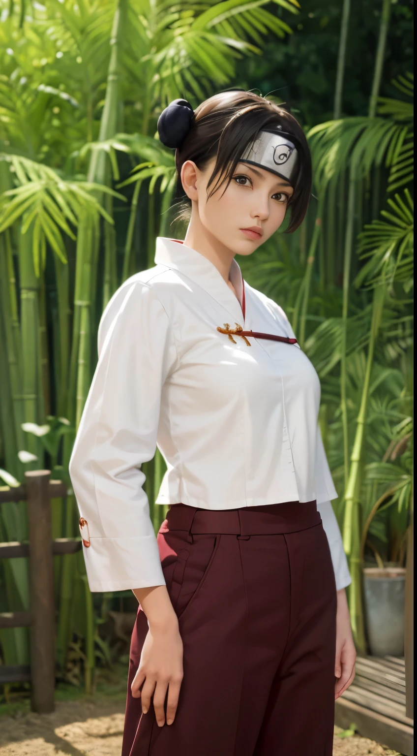 masterpiece, absurdres , (intricate details), (colorful),cinematic lighting,bust shot,extremely detailed CG unity 8k wallpaper,tenten\(shippuden\), 1girl, solo, hakama pants,white shirt, medium breasts, hand on hip,forehead protector, konohagakure symbol, headband,  looking at viewer, outdoors, bamboo forest,  frown,