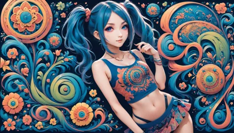 aisha hanabi, blue hair, side pigtails, mole under eye, flat chested, magicl background, flowers, zentangle and origami style ba...