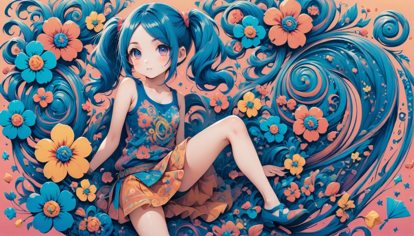 aisha hanabi, blue hair, side pigtails, mole under eye, flat chested, magicl background, flowers, zentangle and origami style background, colorful, tank top and mini skirt