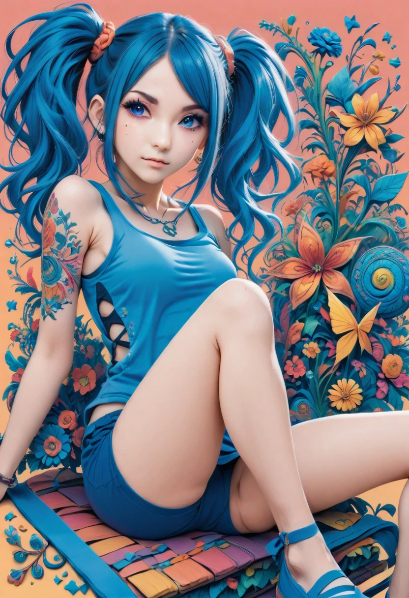 aisha hanabi, blue hair, side pigtails, mole under eye, flat chested, magicl background, flowers, zentangle and origami style background, colorful, tank top and mini skirt