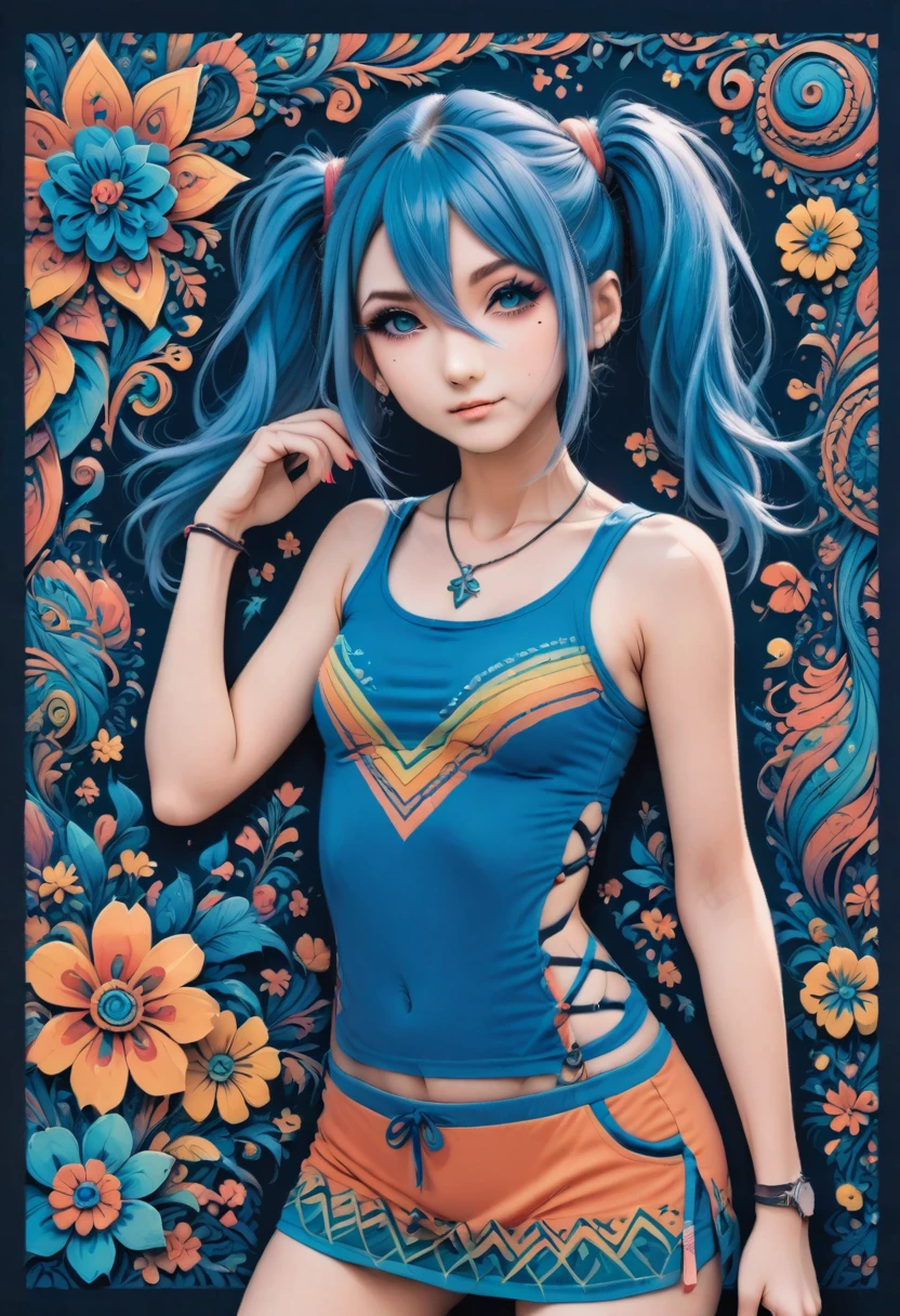 aisha hanabi, blue hair, side pigtails, mole under eye, flat chested, magicl background, flowers, zentangle and origami style background, colorful, tank top and mini skirt