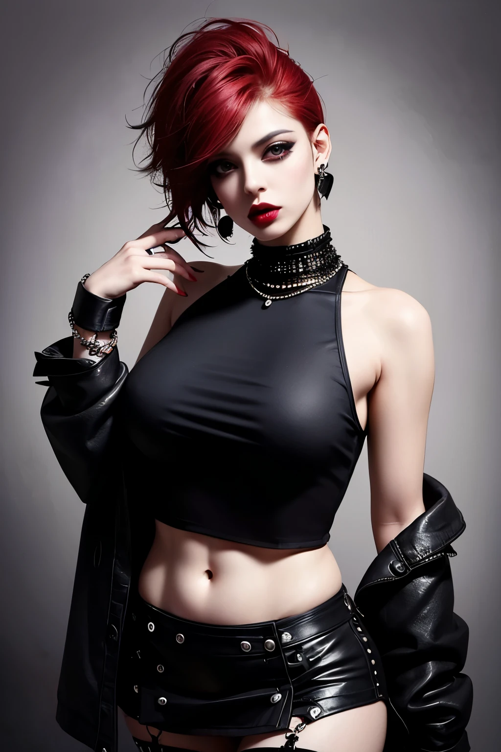 (Punk-rock) girl, Wild rebel haircut, short red hair, dark red lips, dark heavy eyeshadow, piercings, lip rings, earrings, eyebrow rings, nipple rings, goth, dungeon, dark, dimmed light, gothic, dark erotic fantasy, huge breasts, , nsfw, sexy, atmospheric lighting, (miniskirt:1.3), midriff