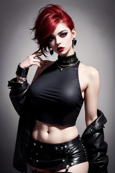 (Punk-rock) girl, Wild rebel haircut, short red hair, dark red lips, dark heavy eyeshadow, piercings, lip rings, earrings, eyebr...