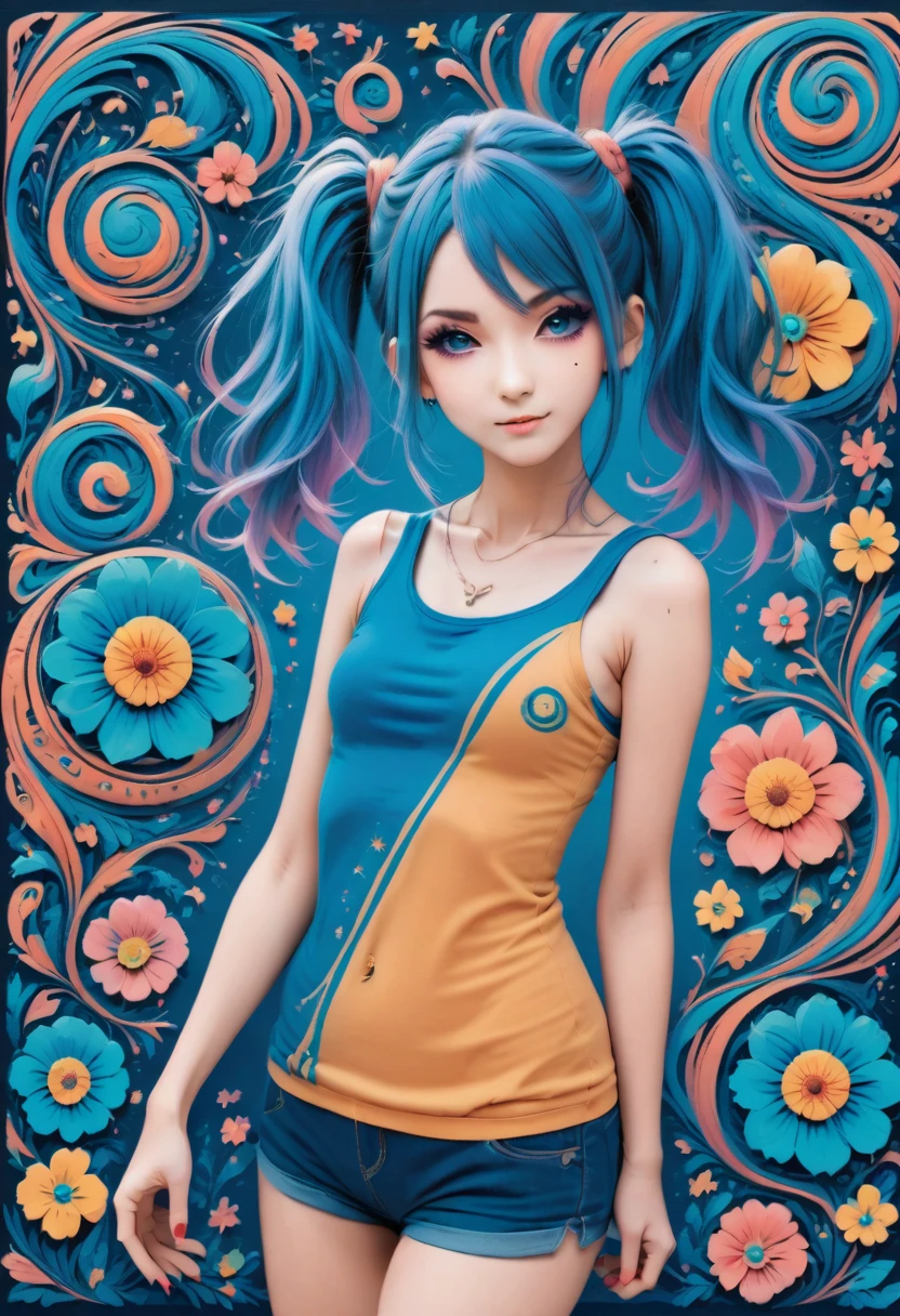 aisha hanabi, blue hair, side pigtails, mole under eye, flat chested, magicl background, flowers, neon, zentangle and origami style background, colorful, tank top and mini skirt