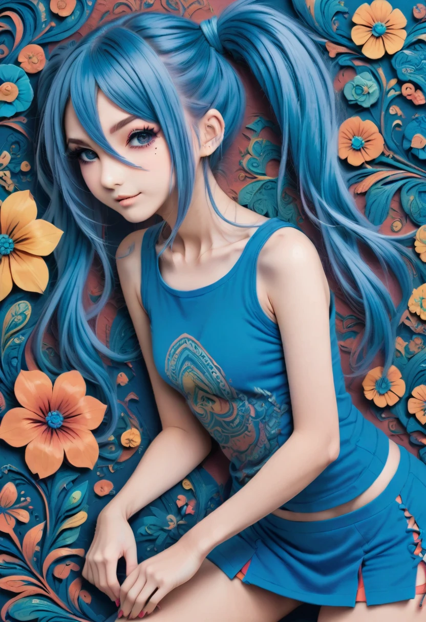 aisha hanabi, blue hair, side pigtails, mole under eye, flat chested, magicl background, flowers, zentangle and origami style background, colorful, tank top and mini skirt