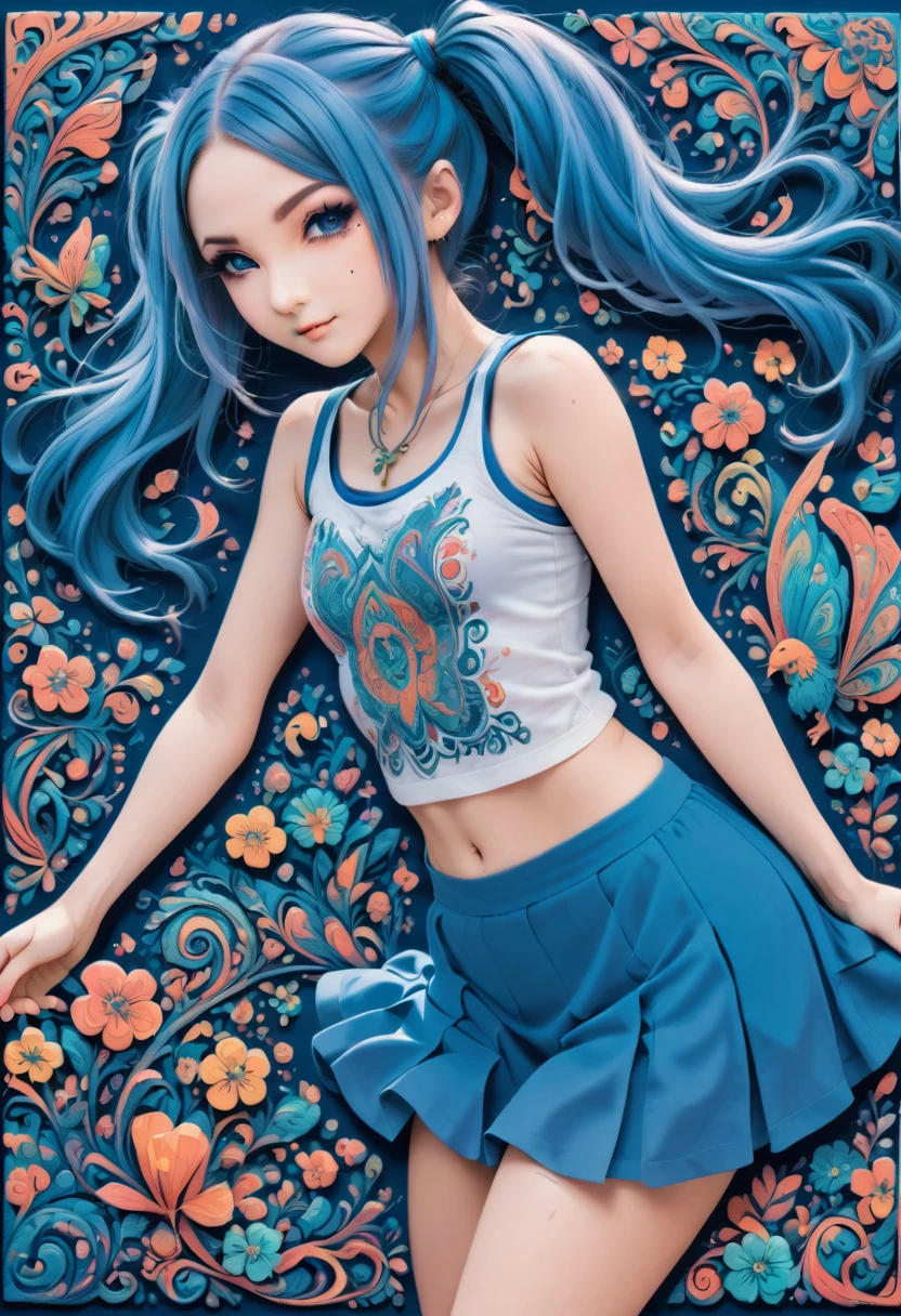 aisha hanabi, blue hair, side pigtails, mole under eye, flat chested, magicl background, flowers, zentangle and origami style background, colorful, tank top and mini skirt