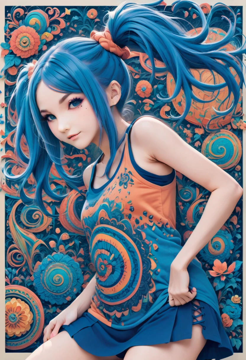 aisha hanabi, blue hair, side pigtails, mole under eye, flat chested, magicl background, flowers, zentangle and origami style background, colorful, tank top and mini skirt