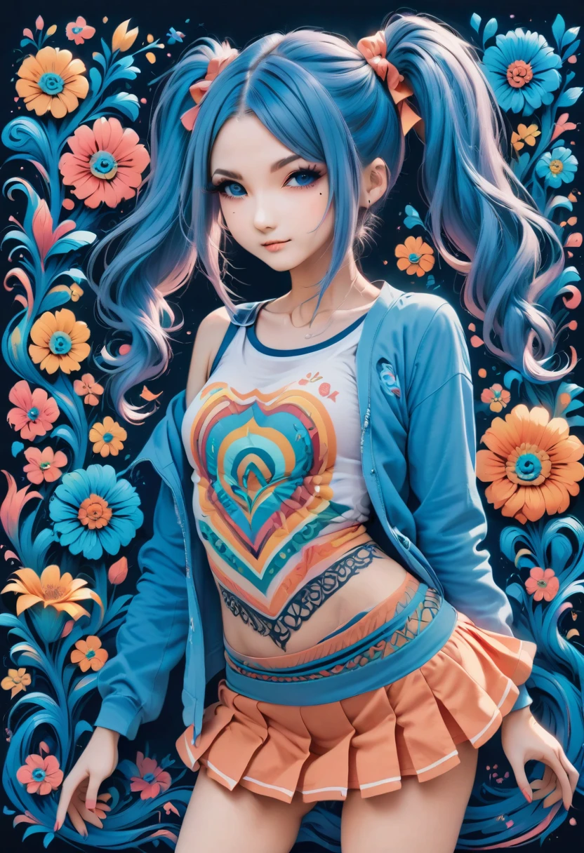 aisha hanabi, blue hair, side pigtails, mole under eye, flat chested, magicl background, flowers, neon art, zentangle and origami style background, colorful, tank top and mini skirt