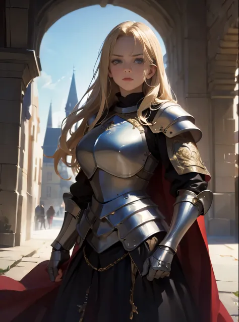 Masterpiece, best quality, a woman, in armor, medieval armor, knight, castle, long blonde hair, cinematic, dramatic 