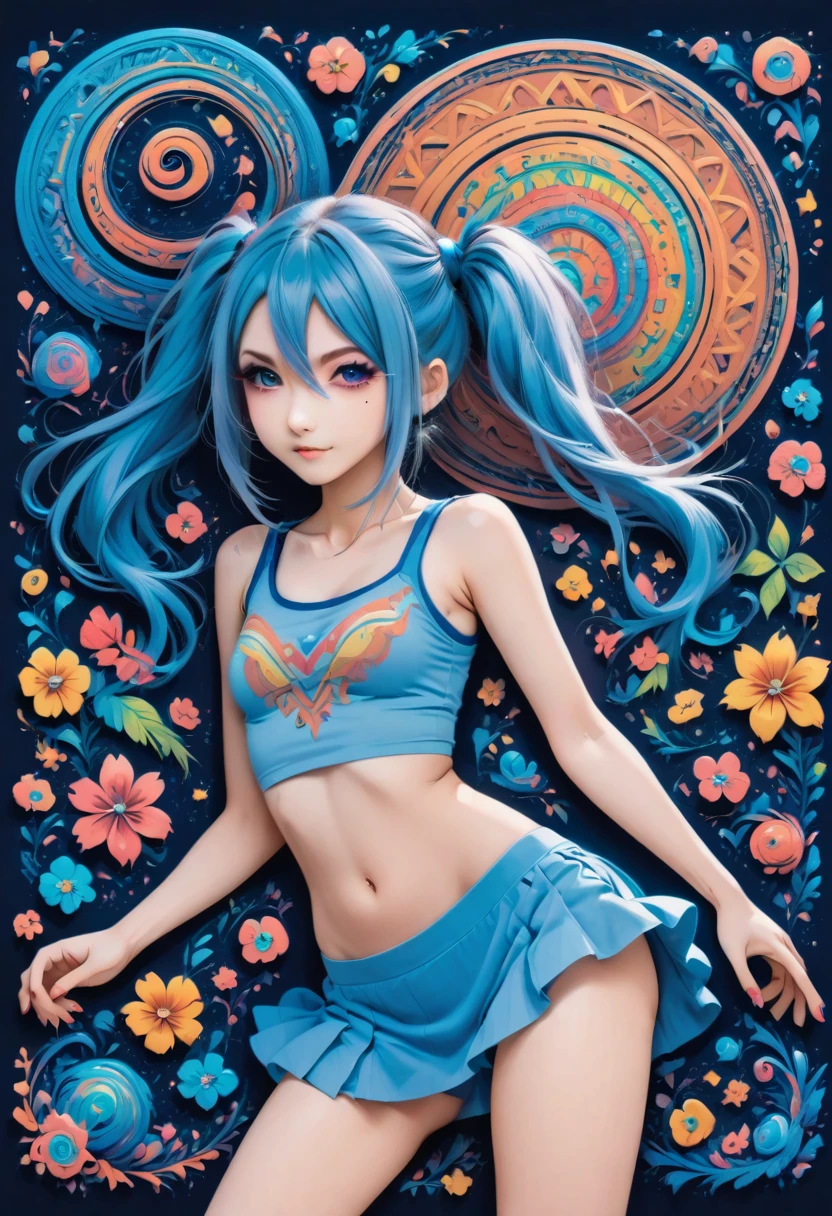 aisha hanabi, blue hair, side pigtails, mole under eye, flat chested, magicl background, flowers, neon art, zentangle and origami style background, colorful, tank top and mini skirt