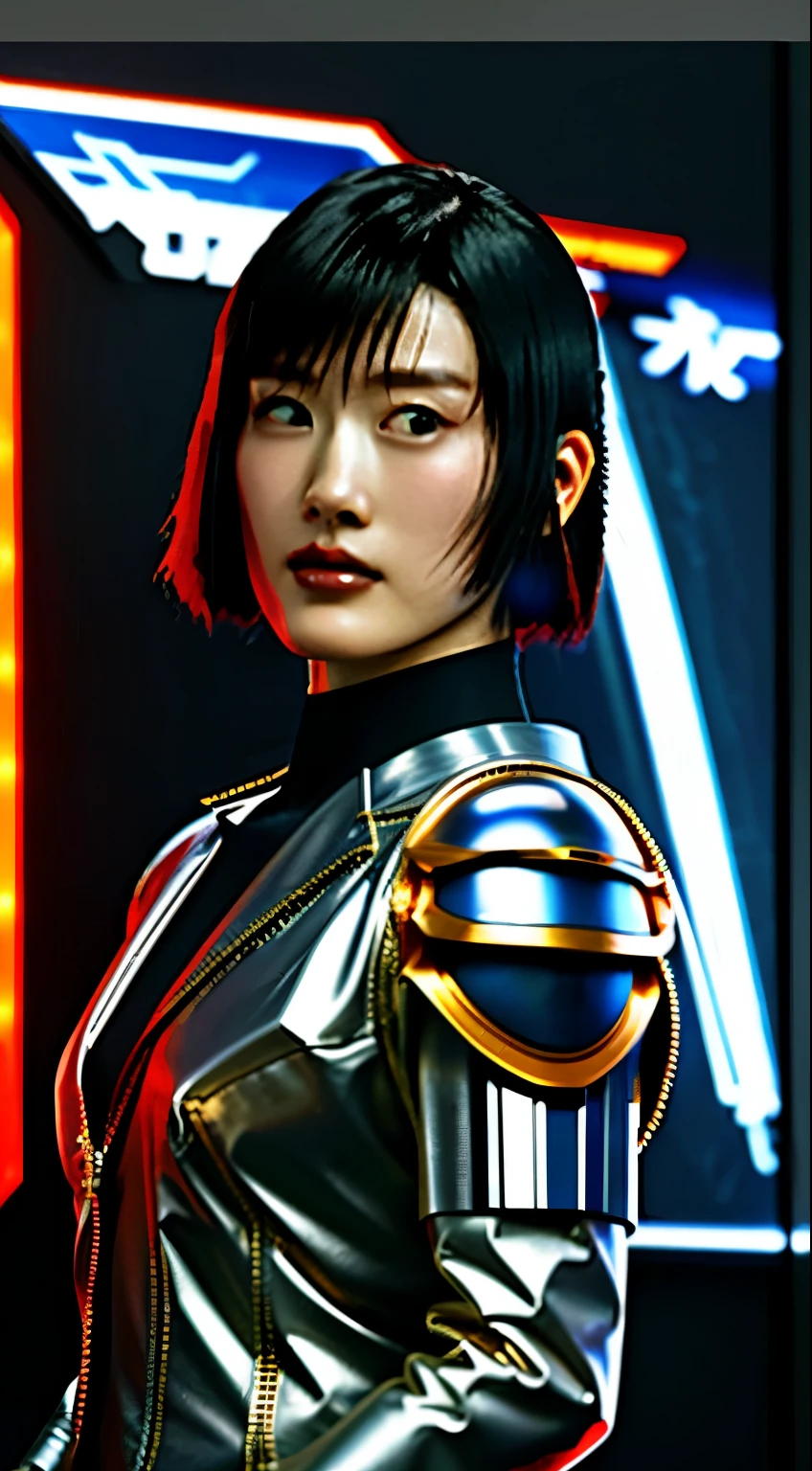 Mulher japonesa em um terno futurista posando para uma foto, cyberpunk 20 anos. Modelo feminina japonesa de 19 anos, linda garota ciborgue, armadura de metal dourado, Linda garota ciborgue, Linda Deusa do Cyberpunk,Uma garota com um olhar, linda garota cyberpunk, Garota usando armadura cibernética mecânica, Cena de ficção científica, mulher ciborgue perfeita, garota de anime cyberpunk feminina, Samurai Cyberpunk em uma nave espacial