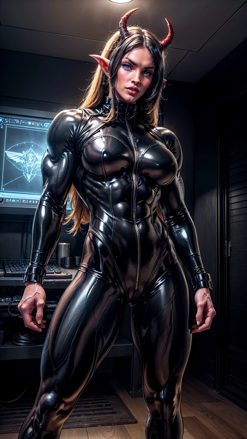 Cinematic, clear facial features and insanely detailed, the image captures the essence of (1 girl), (megan fox:1.25), (latex bodysuit:1.25), (carnage skinless muscle:1.25), (1 super muscular undead skinless succubus with gigantic horns:1.25), (exposed muscles & veins everywhere:1.25), (perfect fingers:1.25) (full body pose:1.25). The color grading is beautifully done, enhancing the overall cinematic feel. Unreal Engine makes her appearance even more mesmerizing. With depth of field (DOF), every detail is focused and accentuated, drawing attention to her eyes and hair. Peak image resolution utilizing super-resolution technology ensures pixel perfection. Cinematic lighting enhances her aura, while anti-aliasing techniques like FXAA and TXAA keep the edges smooth and clean. Adding realism to the muscular bio-mecha succubus , RTX technology enables ray tracing. Additionally, SSAO (Screen Space Ambient Occlusion) gives depth and realism to the scene, the girl's presence even more convincing. In the post-processing and post-production stages, tone mapping enhances the colors, creating a captivating visual experience. The integration of CGI (Computer-Generated Imagery) and VFX (Visual Effects brings out her demonic features seamlessly . Incredible level of detail, with intricate elements meticulously crafted, the artwork hyper maximalist and hyper-realistic. Volumetric effects add depth and dimension, with unparalleled photorealism. 8k resolution rendering ensures super detailed visuals. The volumetric lighting adds a touch of magic, highlighting her beauty and aura in an otherworldly way. High Dynamic Range (HDR) tech makes the colors pop, adding richness to the overall composition. Ultimately, this artwork presents an unreal, yet stunningly real portrayal of an incredibly beautiful bio-mecha succubus girl. The sharp focus ensures that every feature is crisply defined, creating a captivating presence. (girl face:1.45)