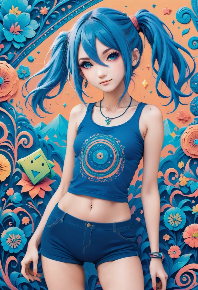 aisha hanabi, blue hair, side pigtails, mole under eye, flat chested, magicl background, flowers, neon, zentangle and origami style background, colorful, tank top and mini skirt