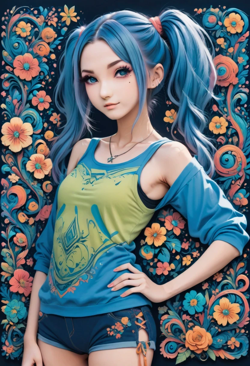 aisha hanabi, blue hair, side pigtails, mole under eye, flat chested, magicl background, flowers, neon, zentangle and origami style background, colorful, tank top and mini skirt