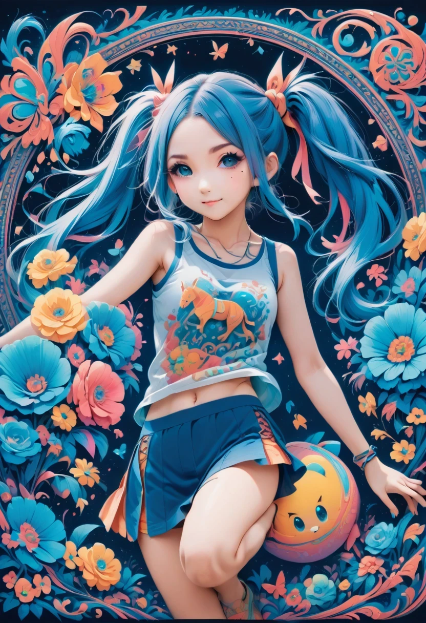 aisha hanabi, blue hair, side pigtails, mole under eye, flat chested, magicl background, flowers, neon art, zentangle and origami style background, colorful, tank top and mini skirt