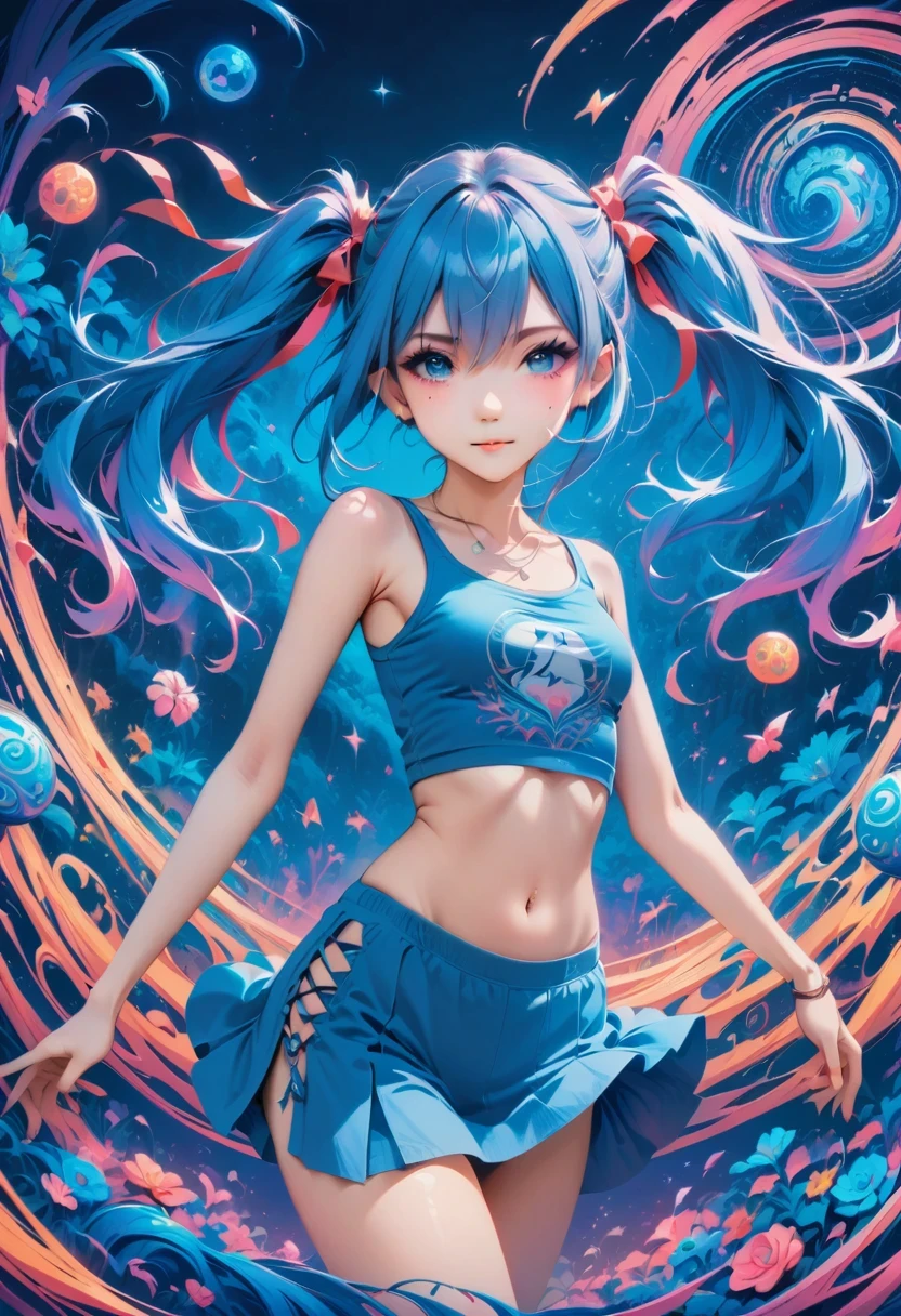 (best quality,4k,8k,highres,masterpiece:1.2),ultra-detailed,(anime style),aisha hanabi,blue hair,side pigtails,mole under eye,flat chested,mystical background,flowers,neon lights art,zentangle and origami style background,colorful,tank top,mini skirt