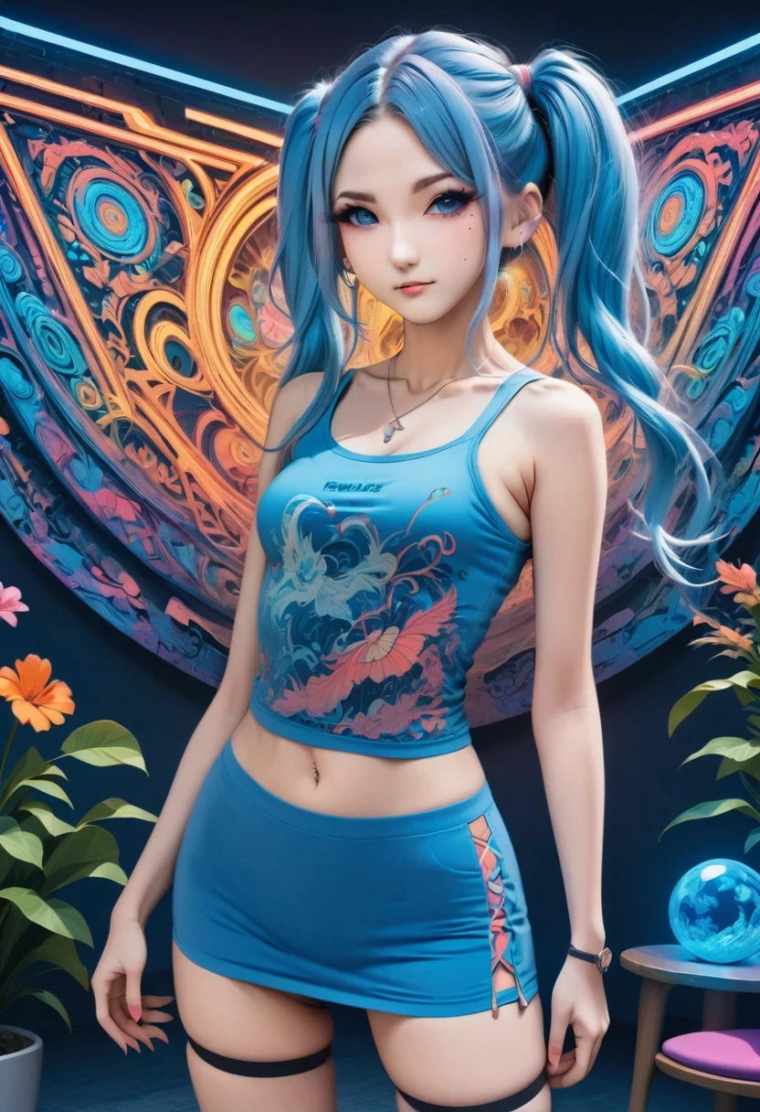 (best quality,4k,8k,highres,masterpiece:1.2),ultra-detailed,(anime style),aisha hanabi,blue hair,side pigtails,mole under eye,flat chested,mystical background,flowers,neon lights art,zentangle and origami style background,colorful,tank top,mini skirt