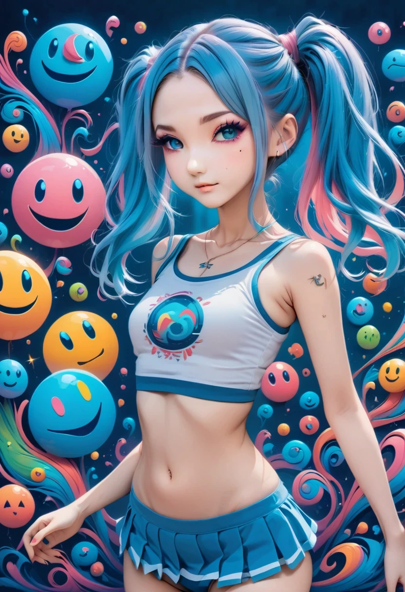 (best quality,4k,8k,highres,masterpiece:1.2),ultra-detailed,(anime style),aisha hanabi,blue hair,side pigtails,mole under eye,flat chested,mystical background,pac-man,neon lights art,zentangle and origami style background,colorful,tank top,mini skirt, vibrant colors, dark tones,