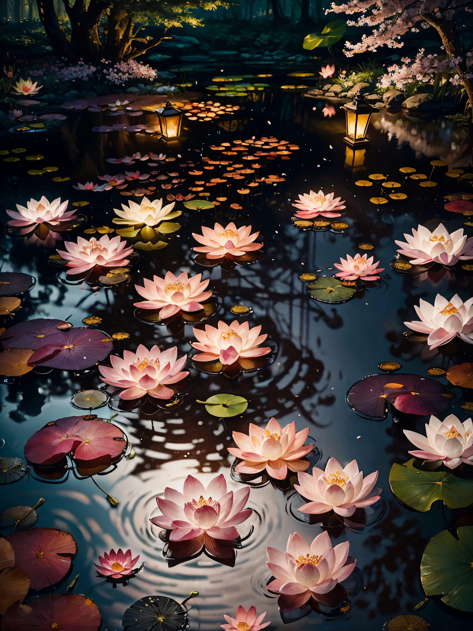 Masterpiece,highest quality,sharp focus,pond,shrine,clear water,flower bed with lanterns in background,dense forest,(lotus on the water),falling cherry blossom petals,glowing butterflies,fireflies,bioluminescent,photo,color grading,by lee jeffries,nikon d850,film stock photograph 4,kodak portra 400,f 1.6, rich colors,ultra-realistic,lifelike textures,dramatic lighting,unreal engine,cinestill 800