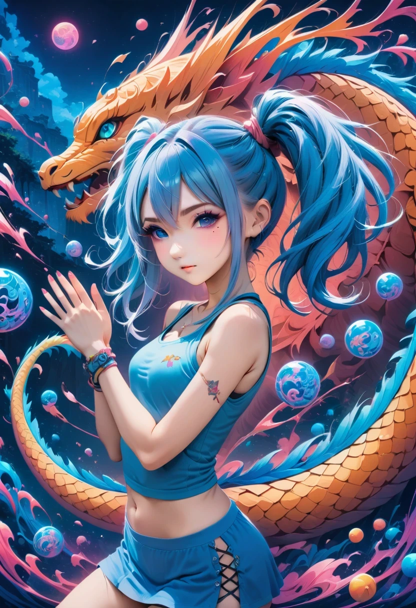 (best quality,4k,8k,highres,masterpiece:1.2),ultra-detailed,(anime style),aisha hanabi,blue hair,side pigtails,mole under eye,flat chested,mystical background,cute chinese dragon,neon lights art,zentangle and origami style background,colorful,tank top,mini skirt, vibrant colors, dark tones, power in hands, action, 