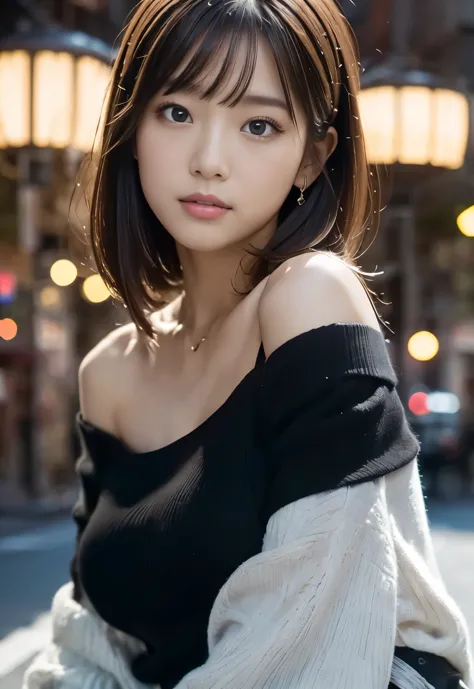 (((City:1.3,outdoor, drum,Photographed from the front))), ((long hair:1.3, black off shoulder blouse,japanese woman, cute)), (cl...