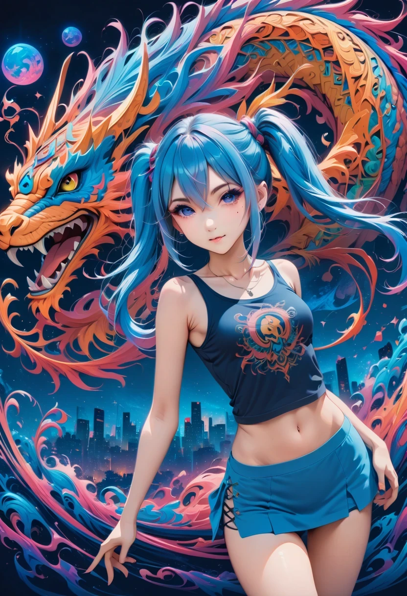 (best quality,4k,8k,highres,masterpiece:1.2),ultra-detailed,(anime style),aisha hanabi,blue hair,side pigtails,mole under eye,flat chested,mystical background,cute chinese dragon,neon lights art,zentangle and origami style background,colorful,tank top,mini skirt, vibrant colors, dark tones,