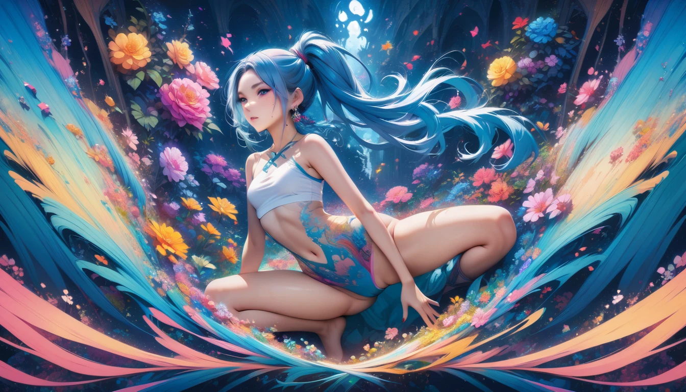 masterpiece, highest quality, highest quality,neon official art, anime style, (Aisha Hanabi), blue hair, mole under eye、very detailed,(fractal art:1.5),(dark tones),(flowers:1.5),most detailed,(tangled:1.2), (dynamic pose), (neon abstract background:1.3), (shiny skin), (lots of colors:1.4), ,(earrings:1.4), neon ,full body、beautiful face、detailed face、perfect proportions、flat chested、thin waist、navel、gap between crotches、thighs、long legs、