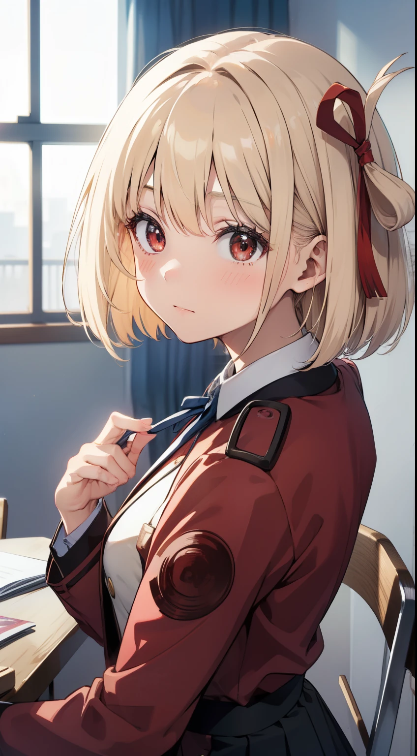 highest quality、table top、1 girl、platinum blonde、bob hair、red ribbon、((up to very close range))、blush、Kamimei、While looking at this、cute anime illustration、 health room、red official uniform、